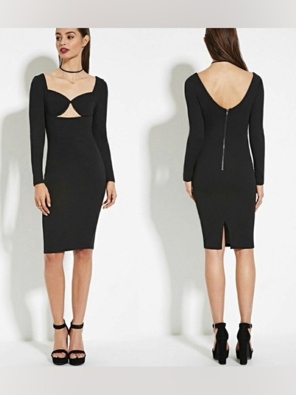 Tiger Mist Black Sweetheart Cutout Long Sleeve Bodycon Midi Dress XS